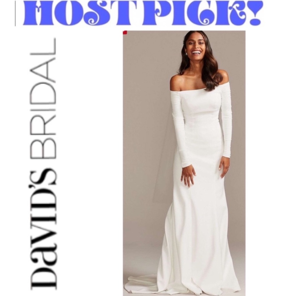 David's Bridal Off-the-Shoulder Long Sleeve White Wedding Dress